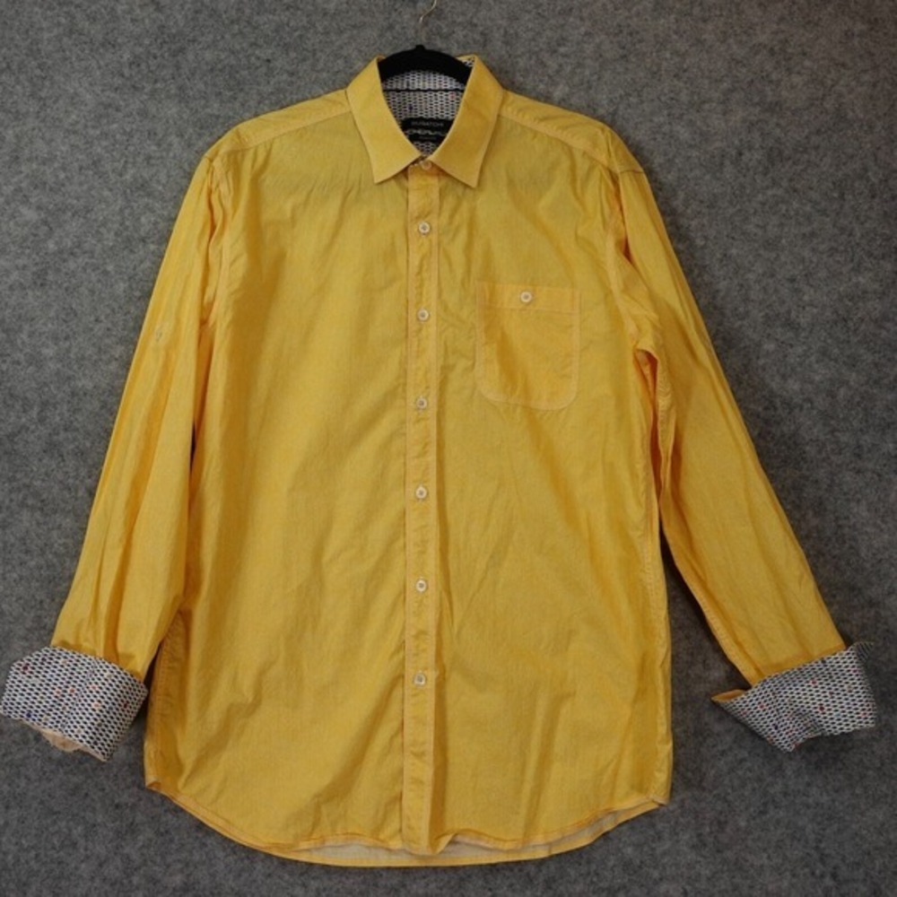 Yellow Striped Dress Shirt Mens L Bright Flip Cuff Hairline Summer Fall BUGATCHI